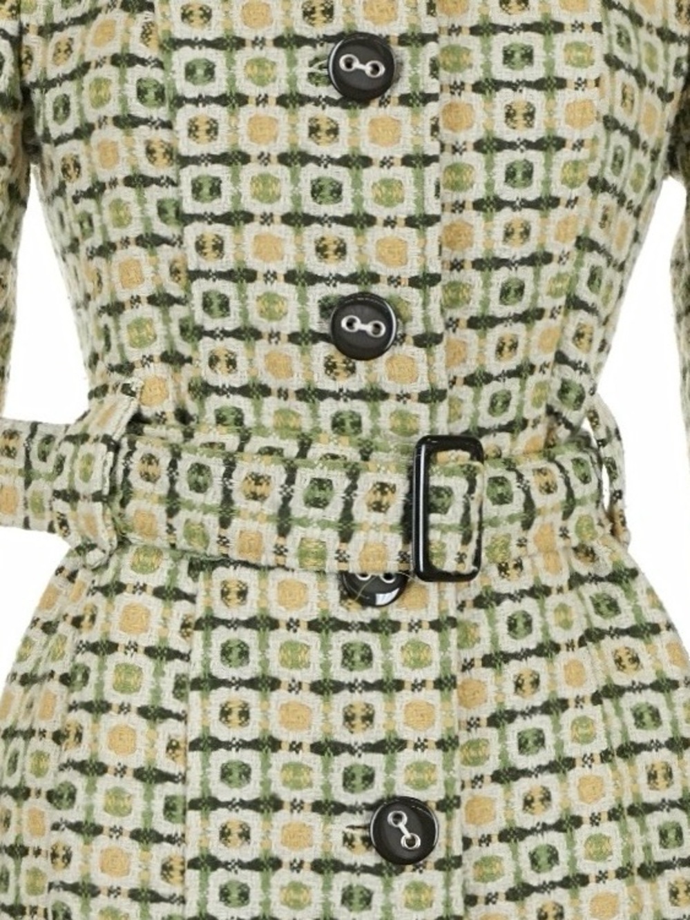 Green, Yellow, and Cream Geometric Pattern Belted Trench Coat Austin Powers Vibe - Picture 7 of 11